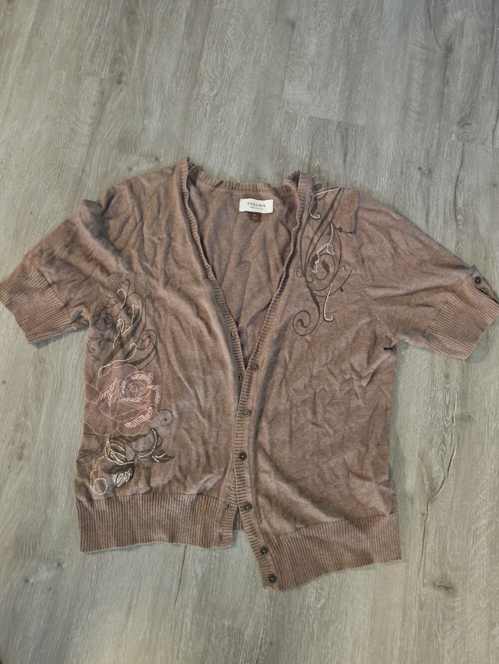 Sonoma Tan-Brown Short Sleeve Button Cardigan with Rose Embroidery